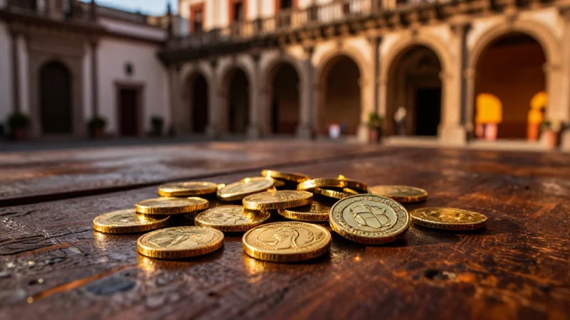 Monedas doradas barrocas sobre mesa antigua