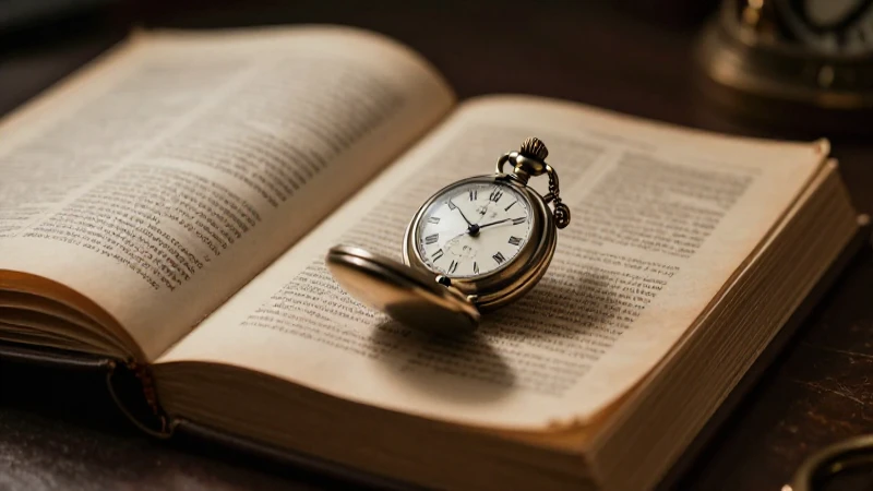 Enciclopedia antigua exhibe reloj en iluminación cálida