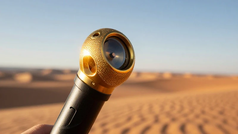 Detector dorado en paisaje desértico dramático