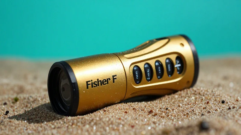 Detector dorado en arena con luz dramática