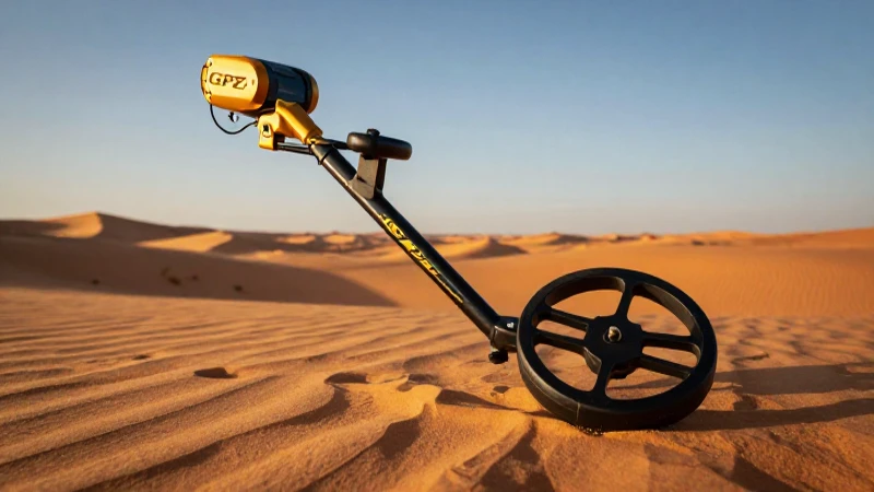 Detector dorado en paisaje desértico cinematográfico