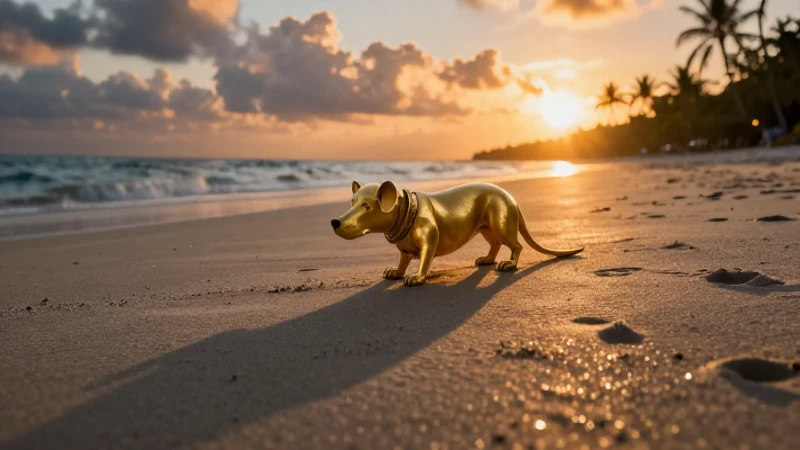 Detector dorado en playa al atardecer dramático
