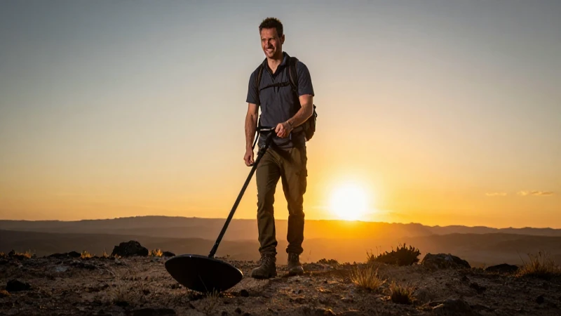 Aventurero sonriente busca tesoros al atardecer dorado