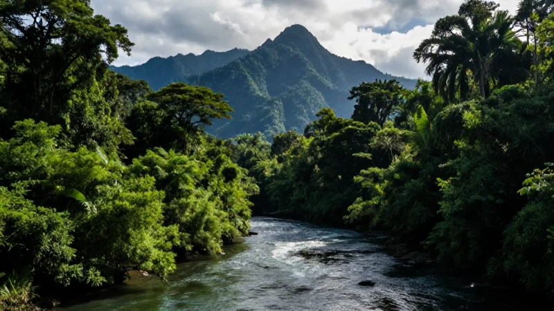 Selva exuberante, montañas, río brillante y dramático