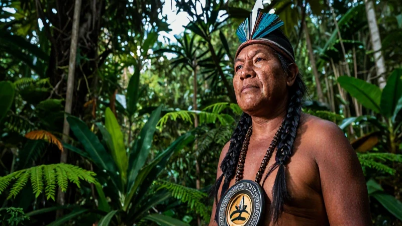 Líder indígena protesta en bosque exuberante