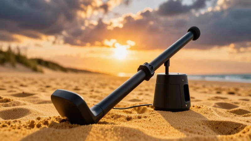 Detector metálico en atardecer, fotografía vibrante