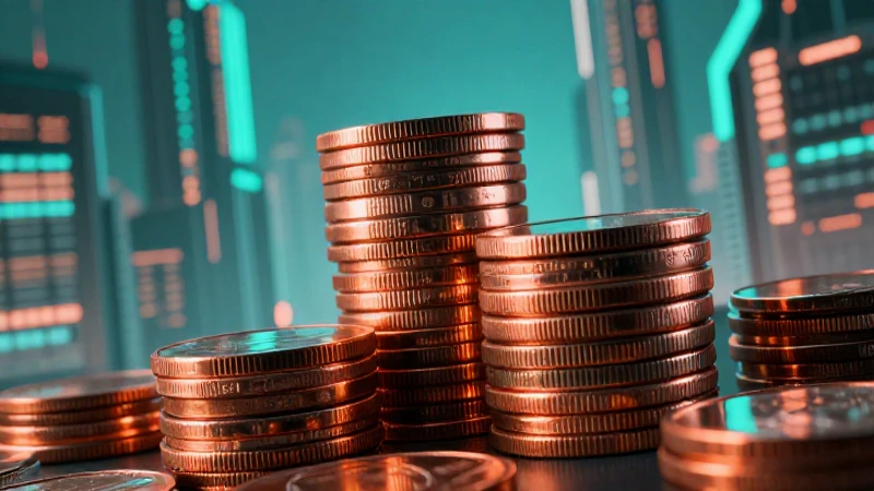 Monedas de cobre bajo iluminación dramática y futurista