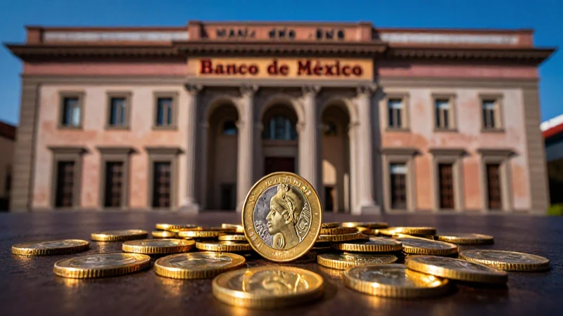 Cuáles son las monedas que compra el Banco de México 3 Fachada bancaria, monedas doradas y luz dramática