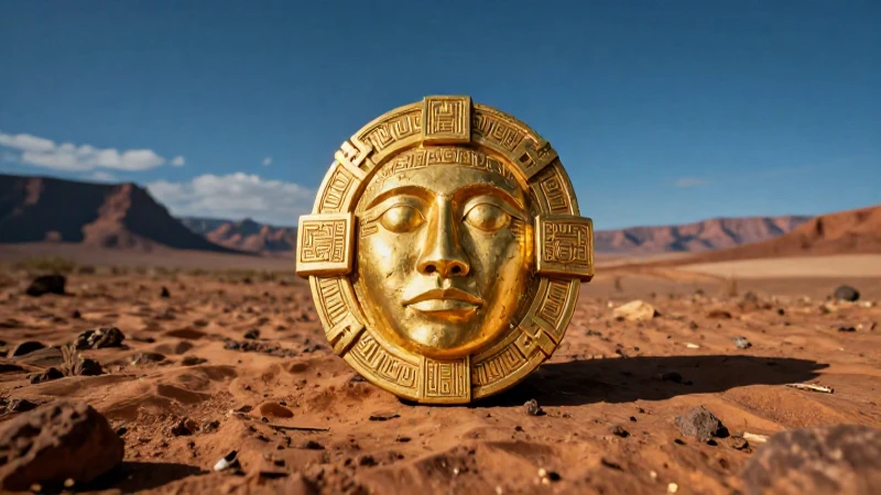 Artefacto dorado mexicano en paisaje desértico