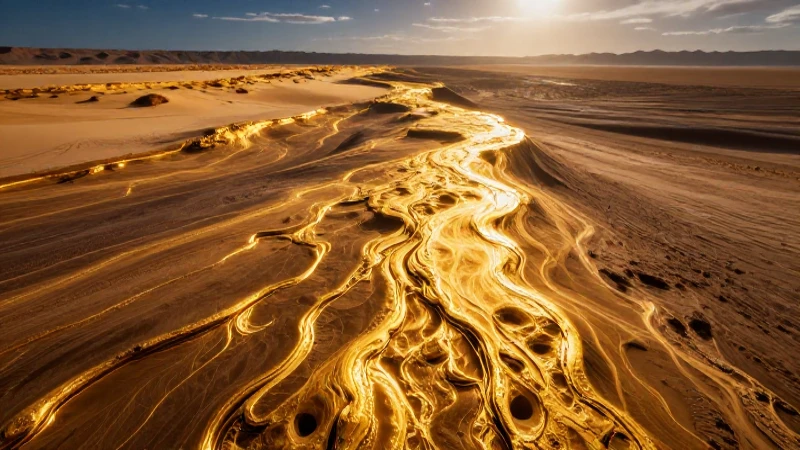 Paisaje desértico sonoro con vetas doradas vibrantes