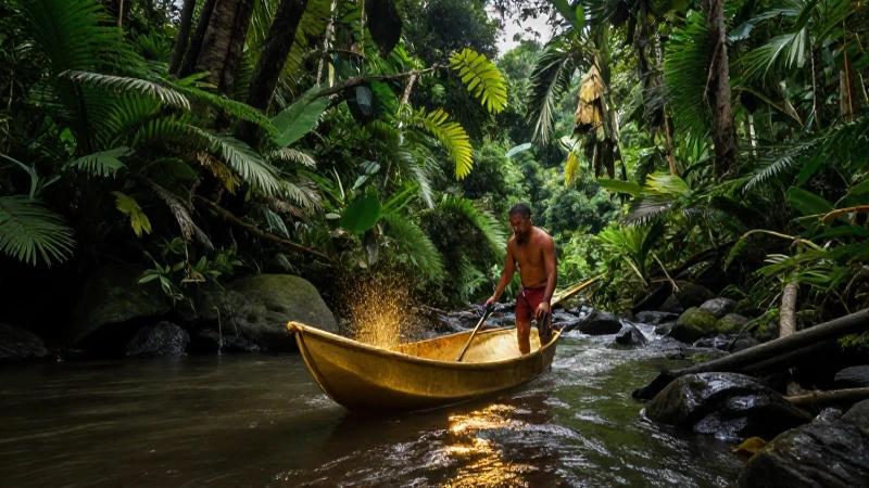 Panorámica dorada en selva colombiana, dramática y vibrante
