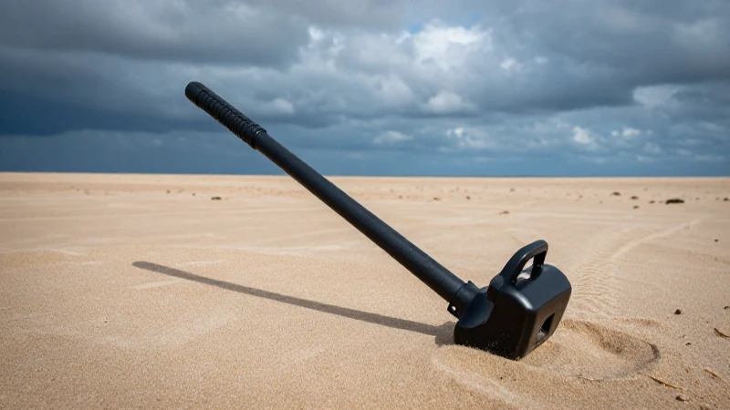 Playa arenosa, metal detector y atmósfera dramática