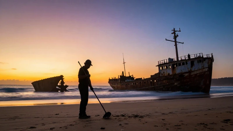 Atardecer dramático en playa australiana con restos antiguos