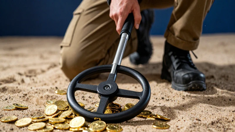 Buscador de tesoros encuentra monedas doradas en arena