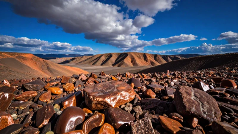 Paisaje desértico con mina y cielo vibrante