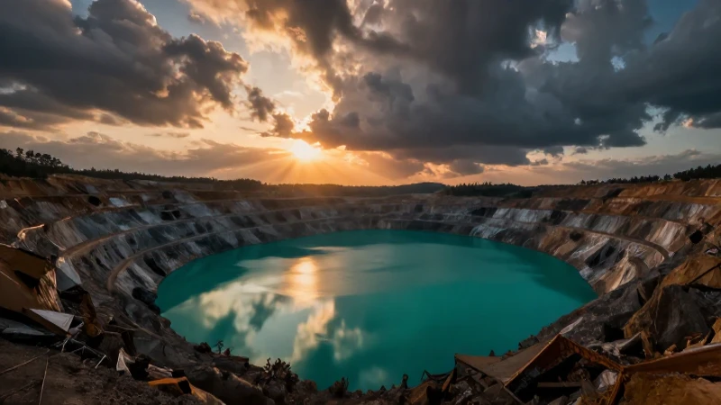 Paisaje minero vibrante con cielo reflejado