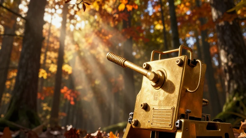 Detector dorado en bosque otoñal cinematográfico