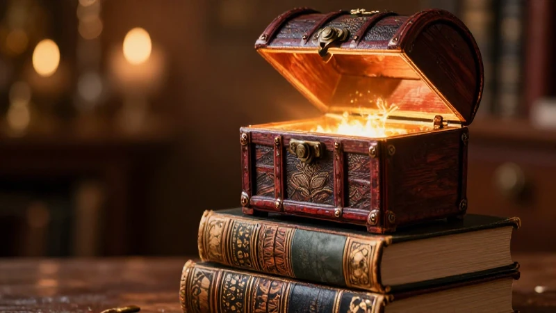 Libros antiguos y tesoro brillan intensamente
