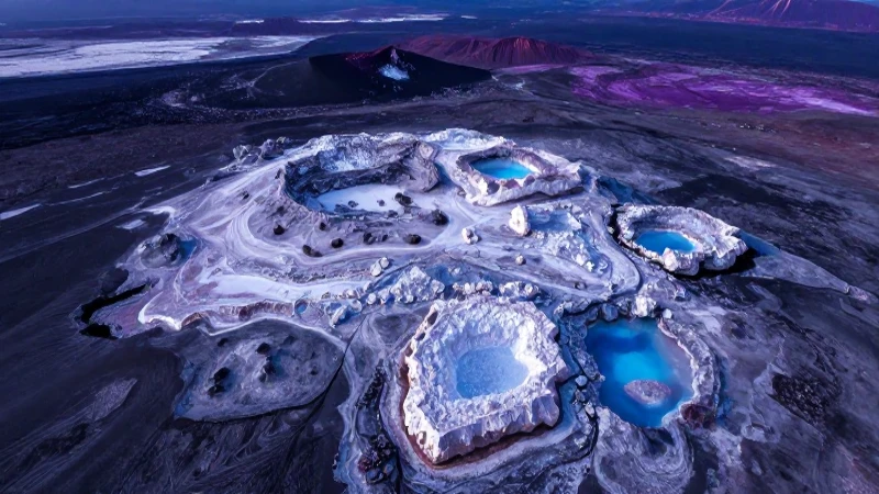 Paisaje volcánico con litio, dramático y vibrante