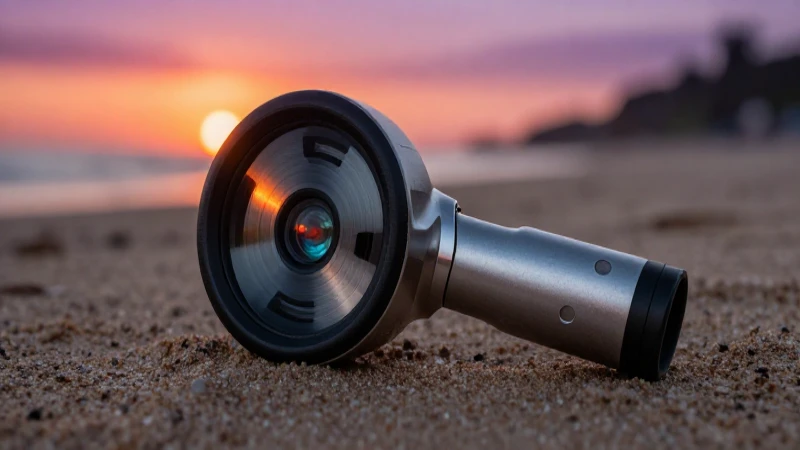 Detector metálico en playa al atardecer dramático