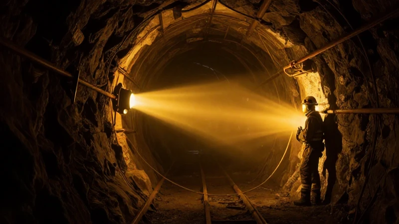 Túnel minero dramático, luz dorada y detalle hiperrealista