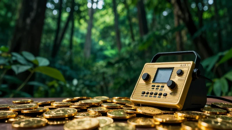 Monedas antiguas resaltadas en un bosque vibrante