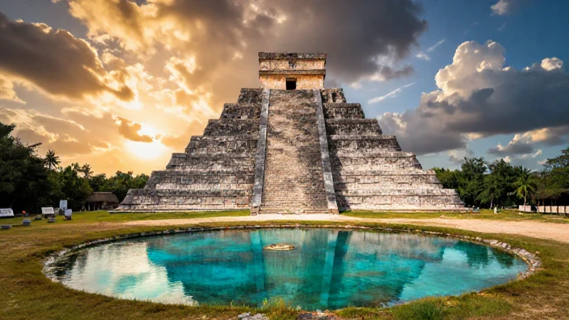 Pirámide maya con reflejo turquesa vibrante