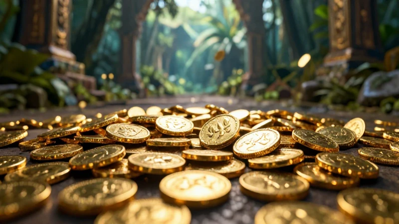 Monedas de oro antiguas en ruinas exuberantes