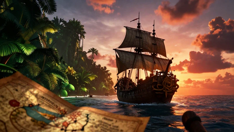 Barco pirata en isla exótica, atardecer épico