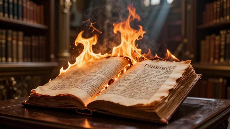 Biblioteca antigua arde con luz dramática