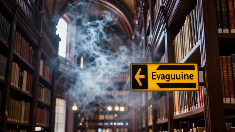Biblioteca histórica con evacuación iluminada y humo
