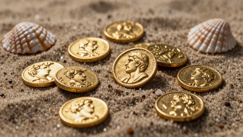 Monedas romanas en arena dorada y brillante
