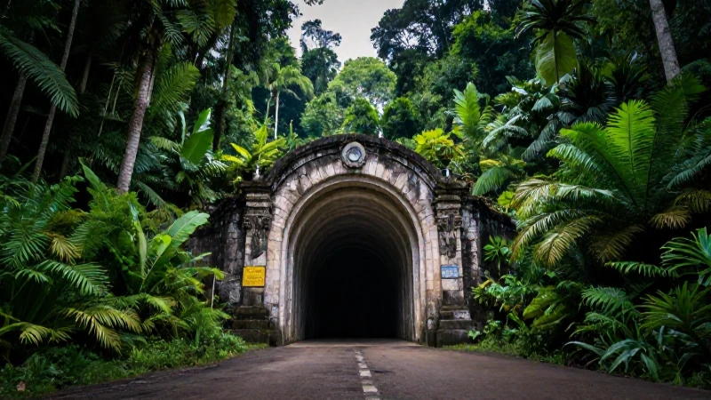 Entrada minera colombiana con luz dramática