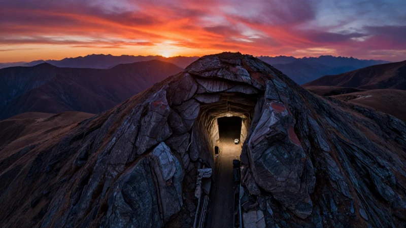 Atardecer cinematográfico en la entrada minera montañosa