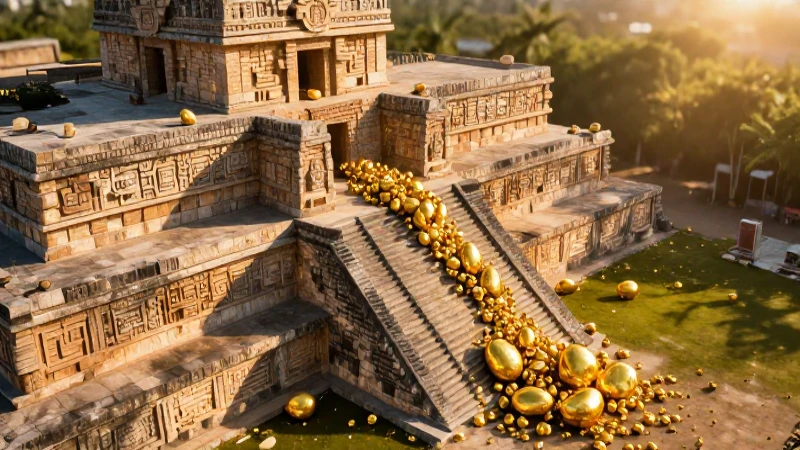 Ruinas mayas doradas bajo luz cinematográfica