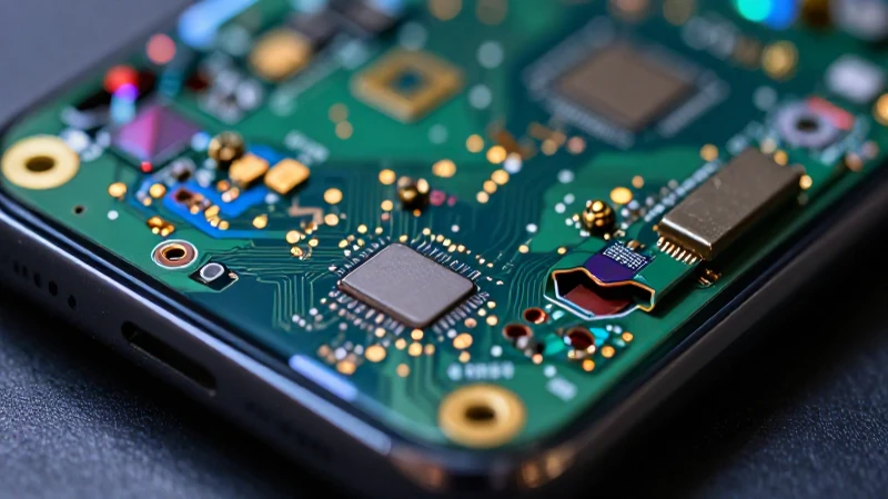 Smartphone roto revela circuitos dorados brillantes