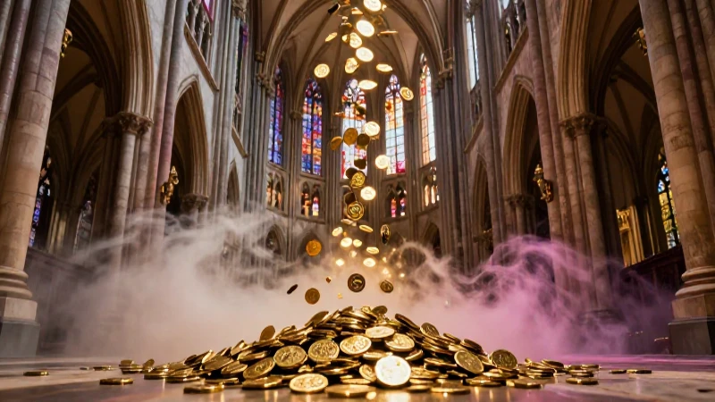 Cuánto oro posee la Iglesia Católica en la actualidad 3 Monedas doradas en catedral gótica cinematográfica