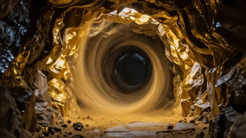 Entrada minera antigua, oro brillante y dramática