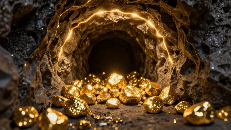 Oro brillante en mina con luz intensa