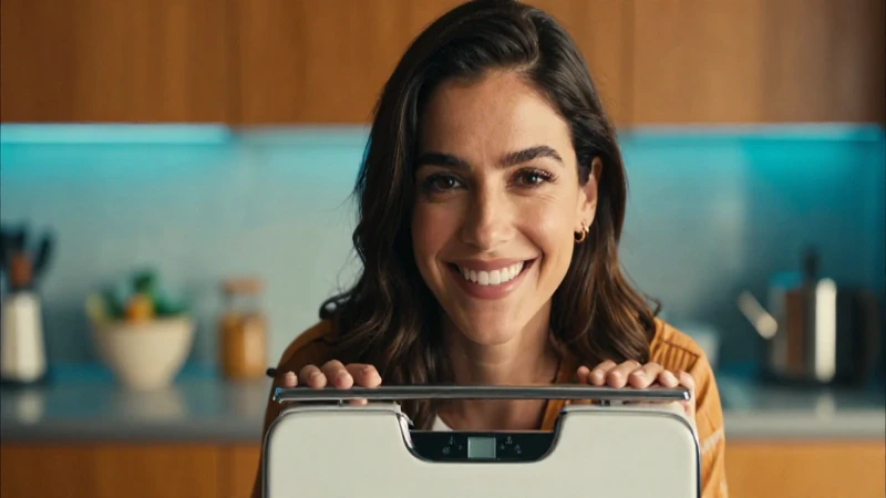 Mujer sonriente, cocina: conversión peso libras/kilogramos
