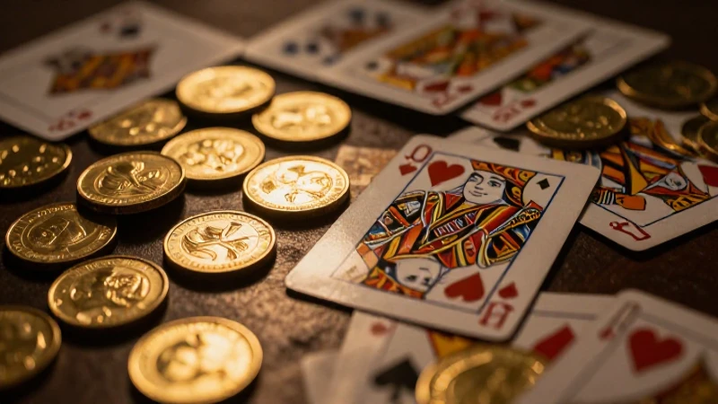 Cartas y monedas doradas en luz dramática