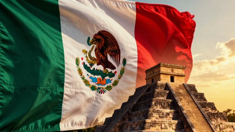 Bela bandera mexicana ilumina una pirámide azteca