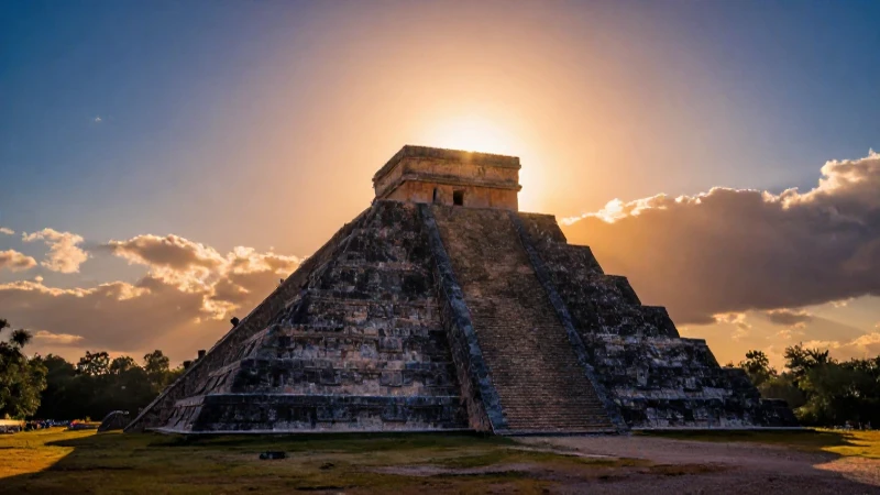 Pirámide mexicana en paisaje vibrante y dramático