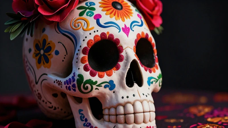 Calavera vibrante, arte folclórico y alto contraste