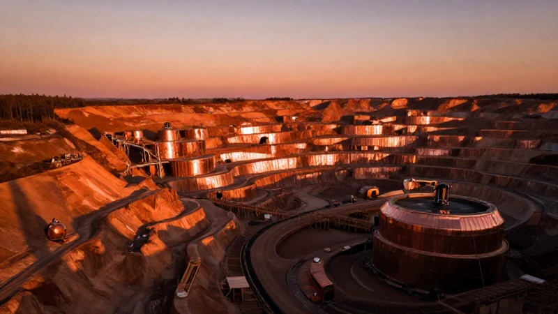 Paisaje minero futurista al atardecer naranja