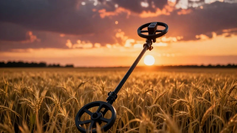 Detectorista en campo dorado al atardecer cinematográfico