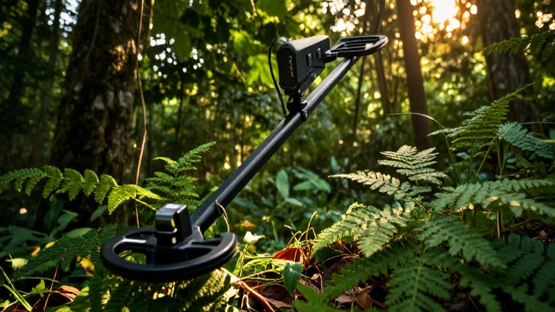 Detector de metales en bosque primaveral vibrante