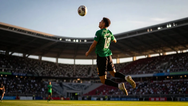 Jugador salta por el balón, imagen vibrante
