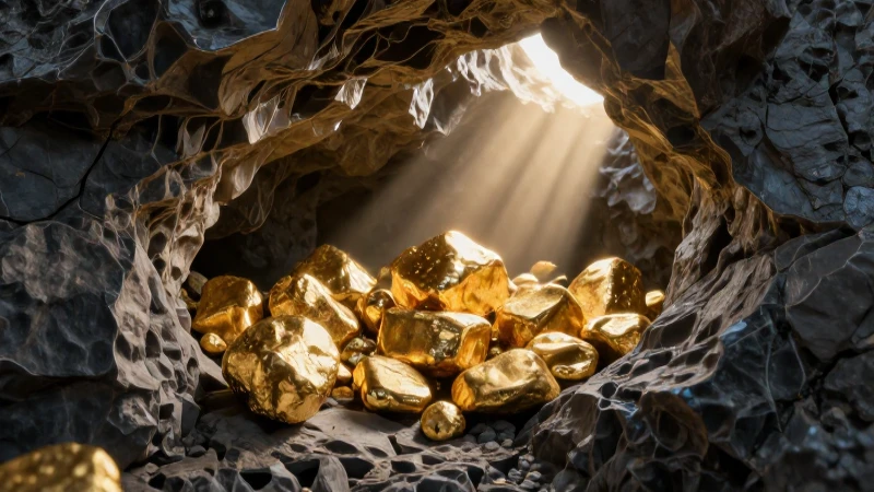Pepitas de oro en roca, luz dramática