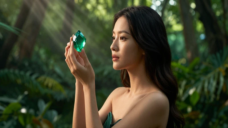 el significado del tesoro verde: lo que debes saber 2 Mujer observa una esmeralda en bosque vibrante